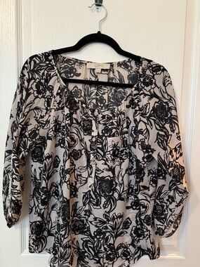 LOFT Black and Cream Floral Button-Front Top